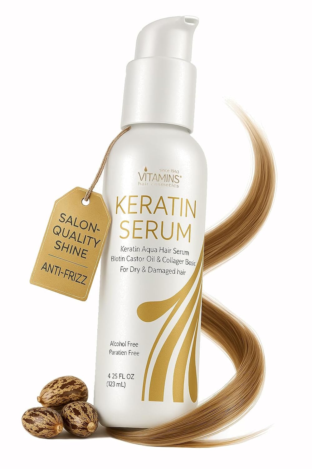 Detalle de VITAMINS hair cosmetics Keratin Hair Serum Oil (4.25 fl oz) for Frizzy, Dry, Damaged Hair