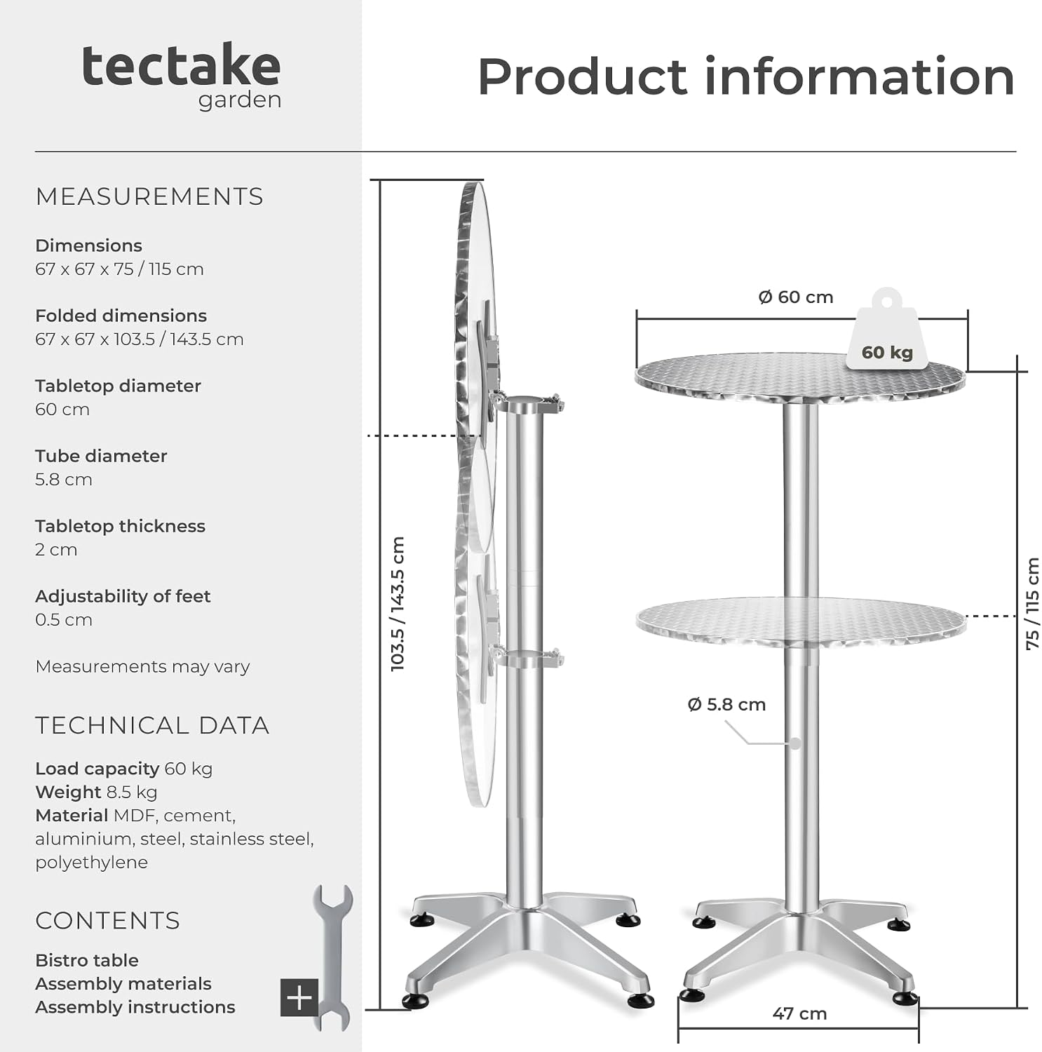 Detalle de tectake 406660 bistrobord 2-i-1, hopfällbart med två höjdlägen