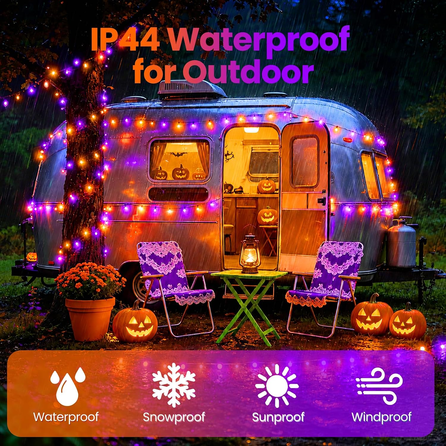 Detalle 2 de Moettany Solar Halloween String Lights, 100 LEDs, 45 ft, Orange and Purple