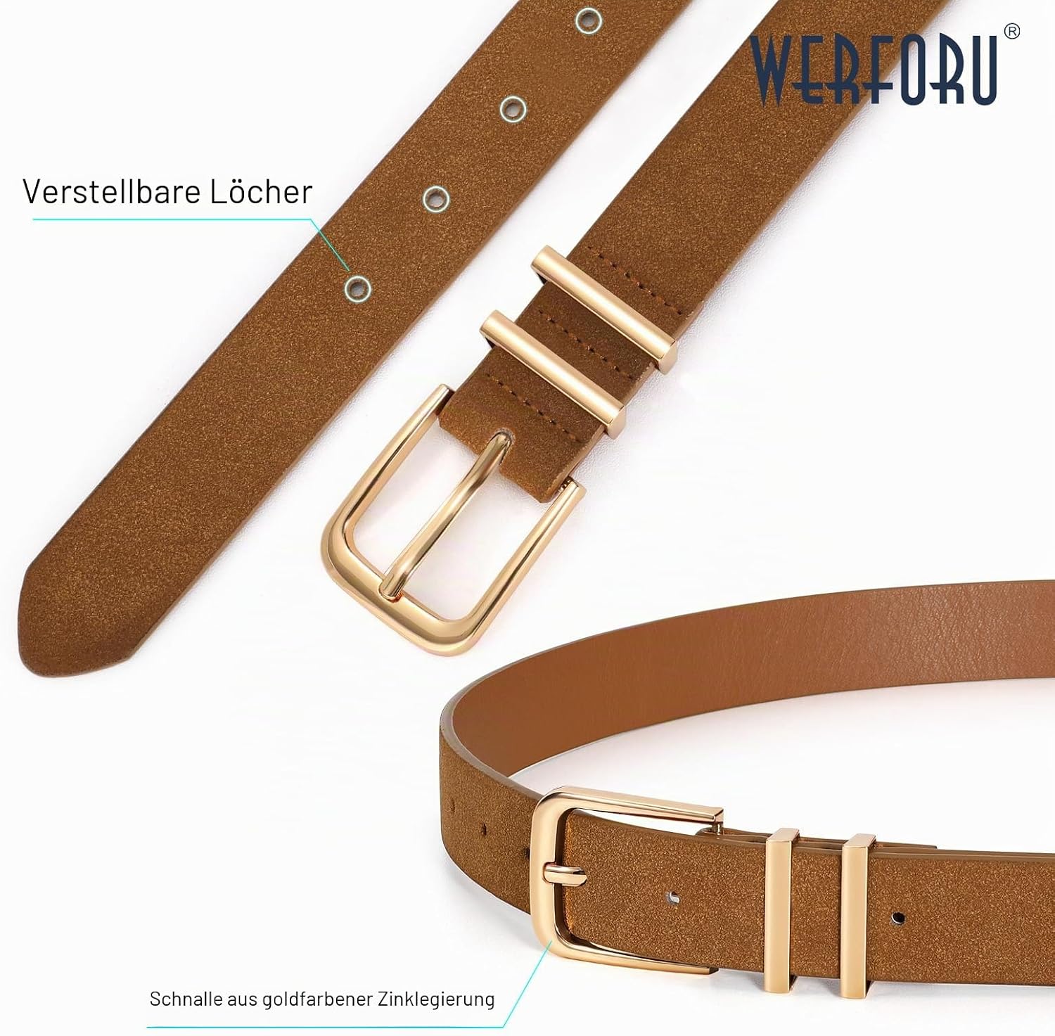 Detalle de WERFORU 3er Pack Damen Ledergürtel – vielseitige Modegürtel in Kunstleder mit goldener Schnalle