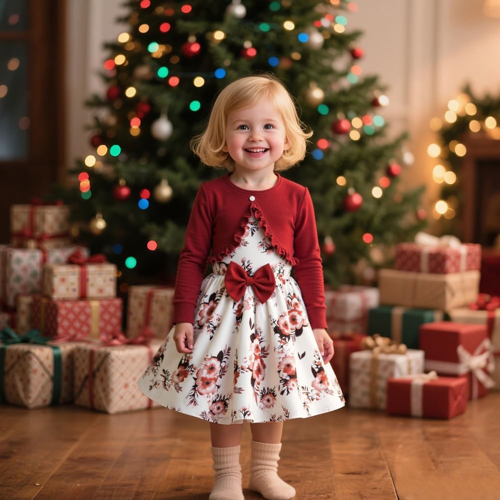 Detalle de Vicloon Girls' Floral Sleeveless Dress and Long-Sleeve Ruffle Cardigan, 2-Piece Set