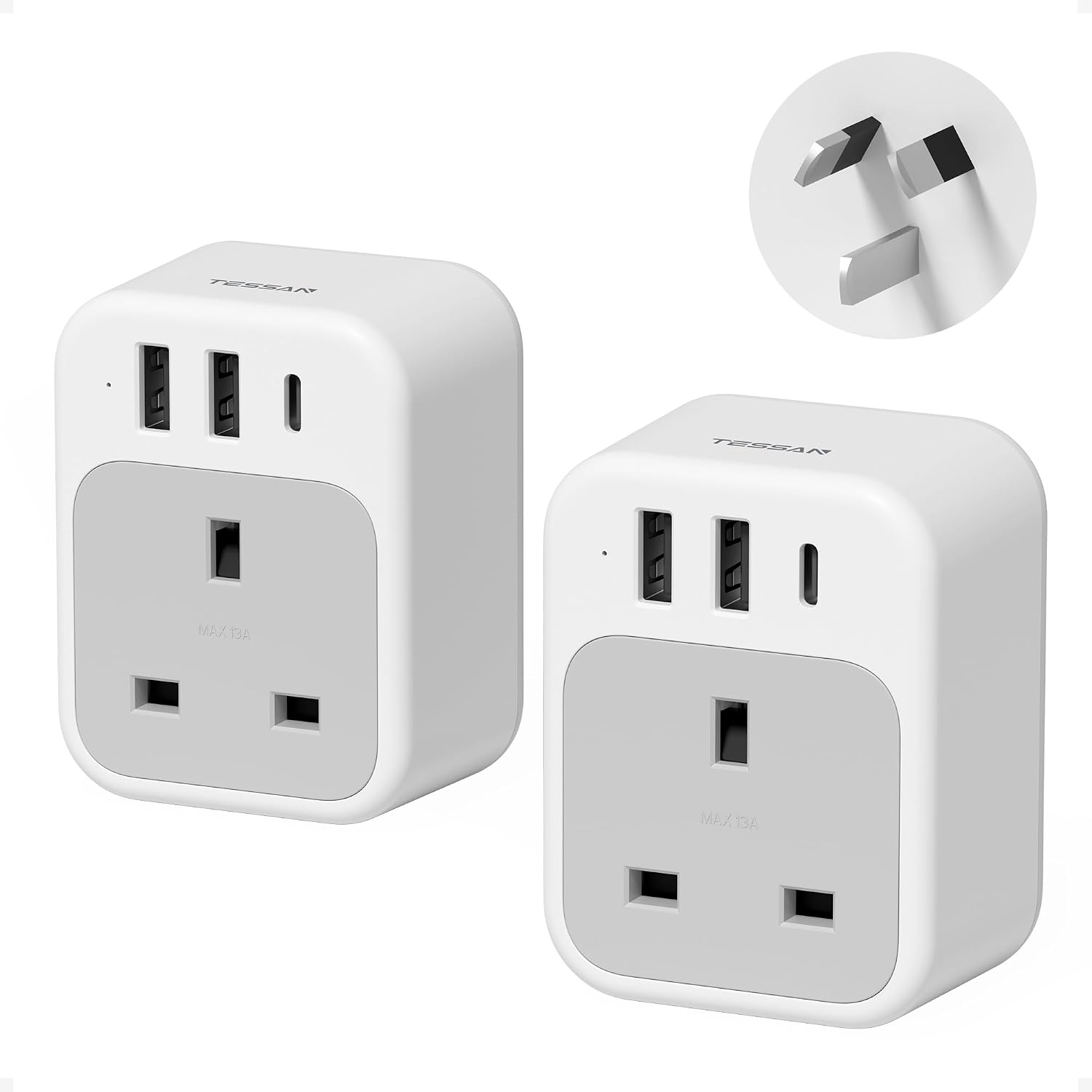Detalle de TESSAN UK to Australia Plug Adapter 2-pack with USB A and USB‑C 🔌