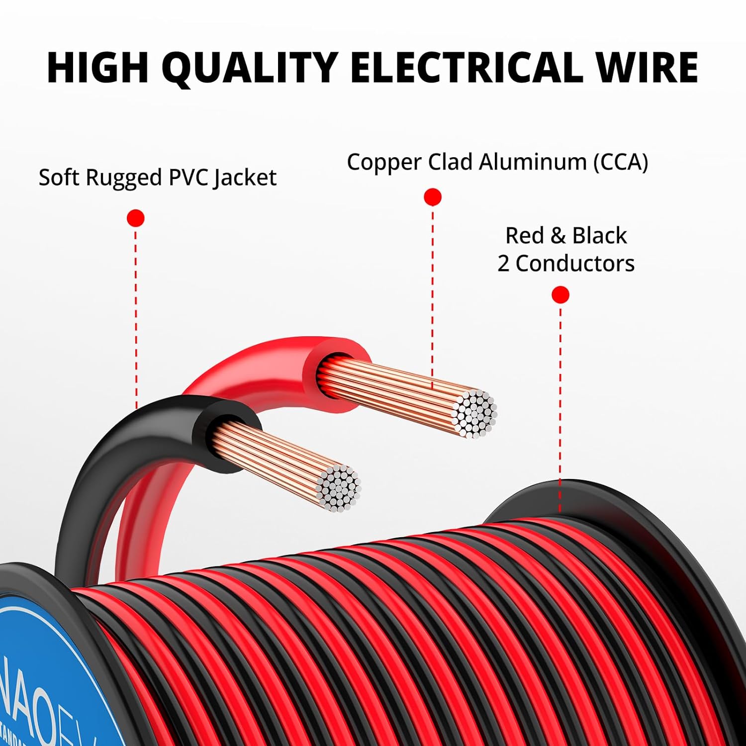 Detalle de NAOEVO EC2CRB-12A300FT 12 AWG CCA Wire, Red and Black, 2-Conductor
