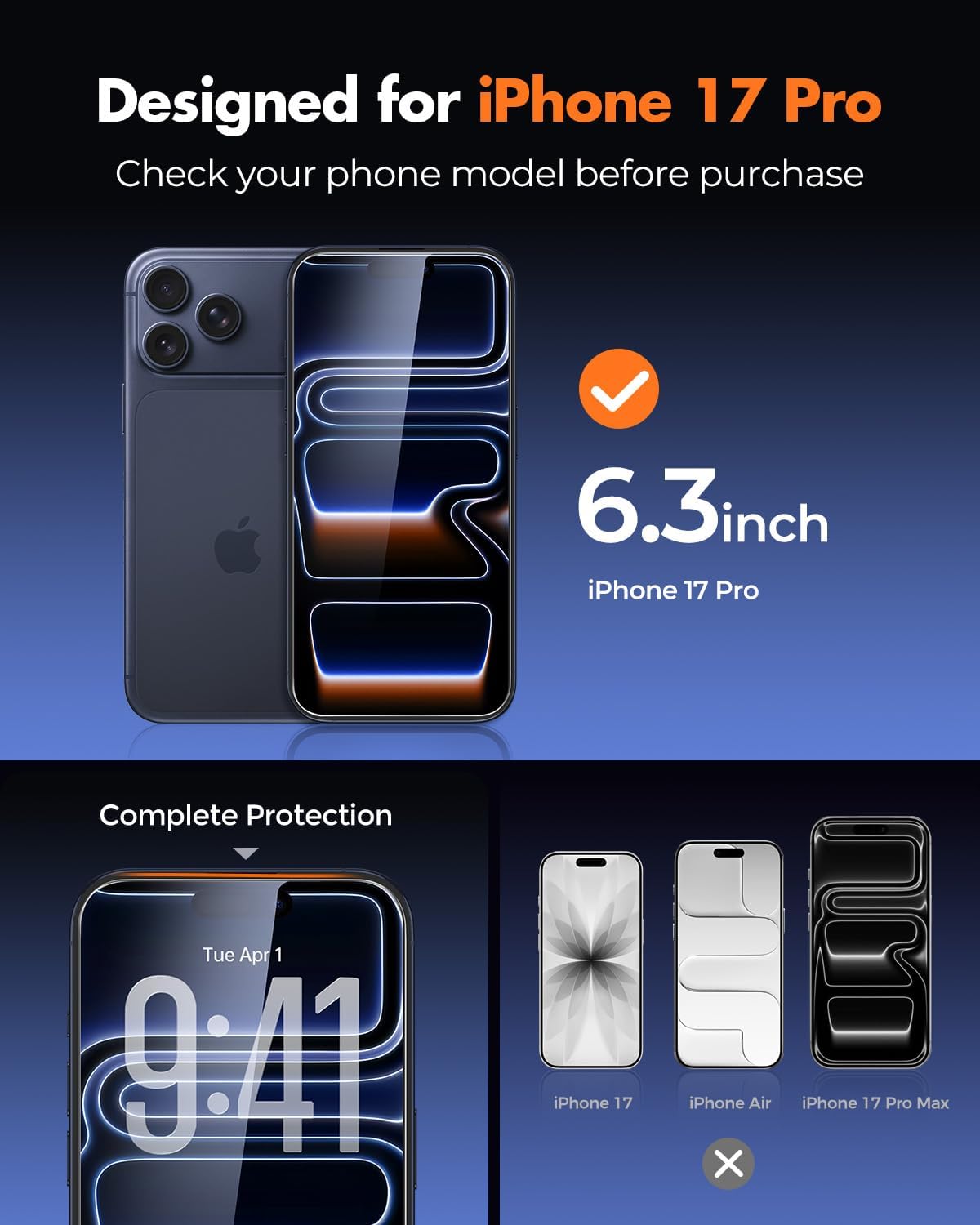 Detalle 2 de UNBREAKcable: confezione da 3 pellicole protettive per iPhone 17 Pro – vetro temperato 9H, installazione facile