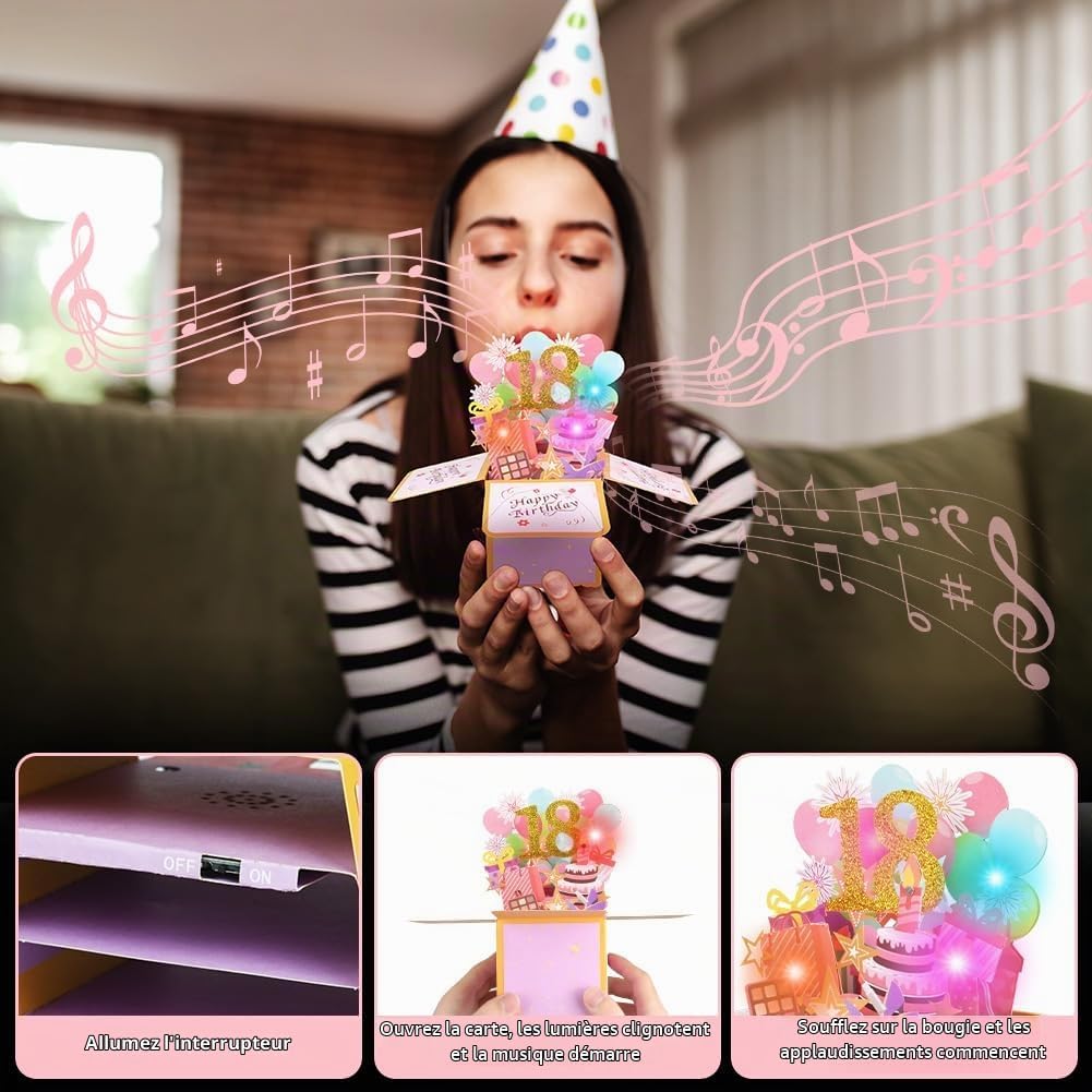Detalle 2 de OFFCUP 3D-pop-upverjaardagskaart met licht en muziek in roségoud