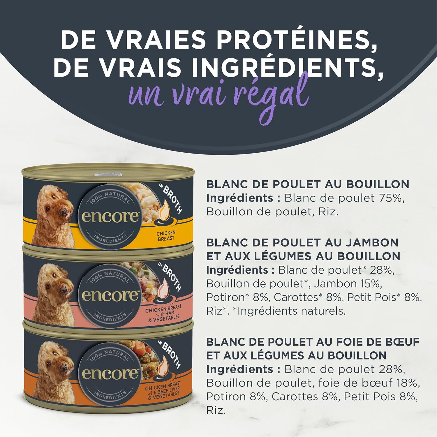 Detalle de Encore Alimentation Humide Premium pour Chiens Adultes – Poulet en Bouillon, Lot de 20 boîtes de 156 g