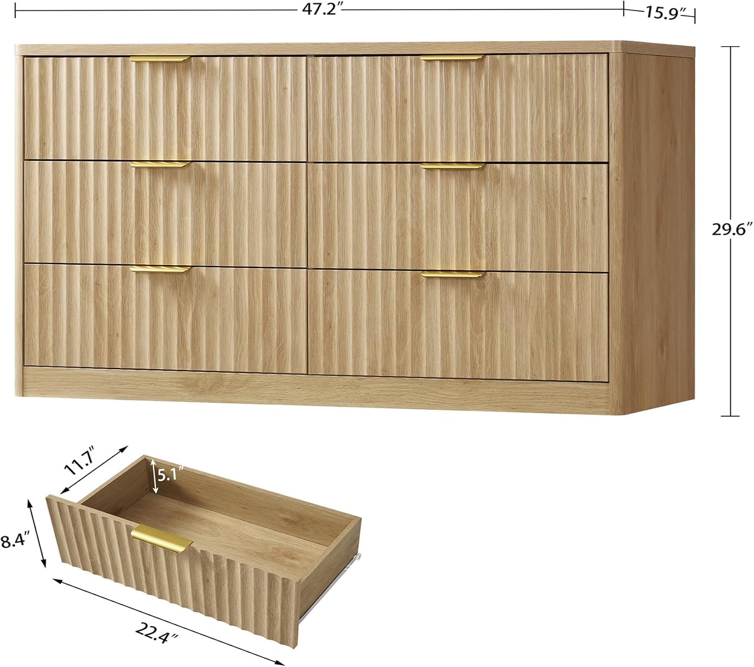 Detalle de TEENFON 1 6-Drawer Dresser, Natural Finish with Fluted Panels