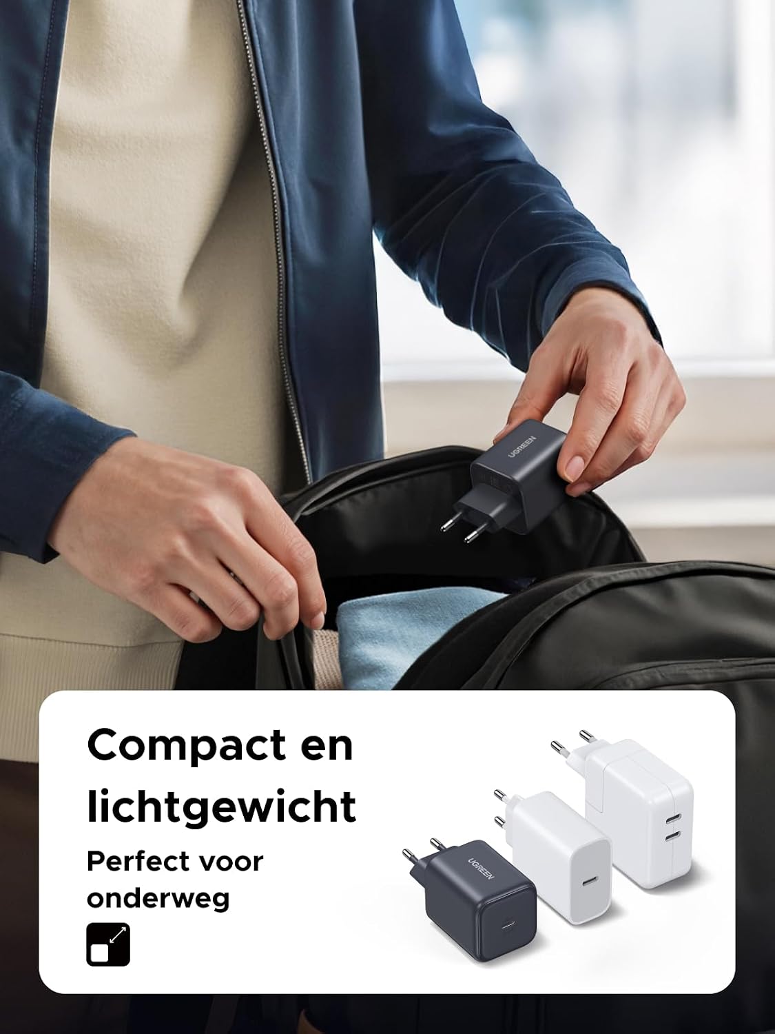 Detalle de UGREEN 45W USB-C-oplader met PPS, compact ontwerp en één poort