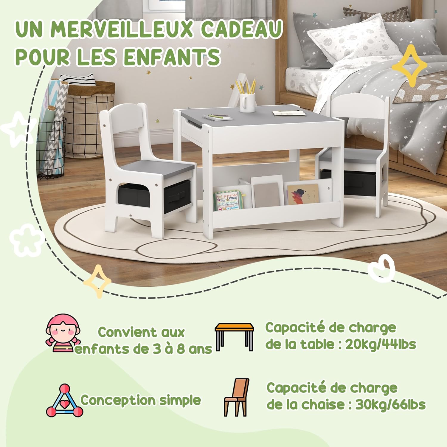 Thumbnail 3 de HOMCOM Ensemble 3 pièces table et 2 chaises enfant avec plateau réversible et rangements