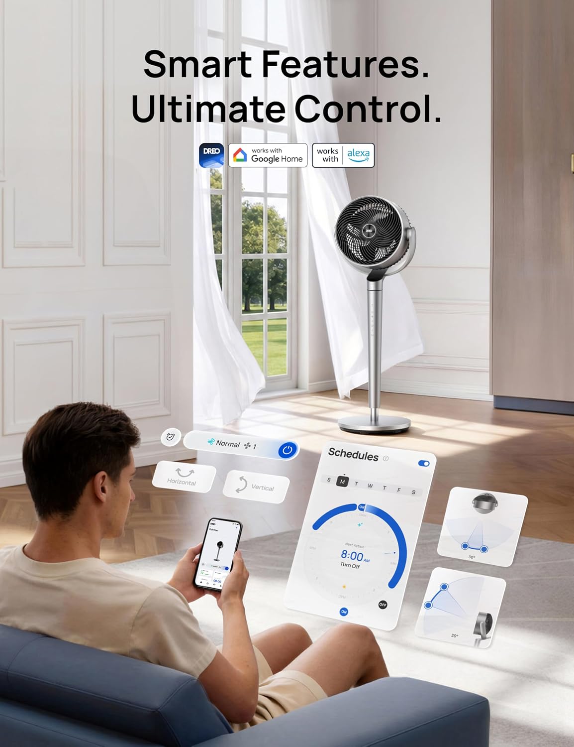 Thumbnail 4 de DREO Smart Fan for Bedroom: 110ft Pedestal with DC Motor, Omni-Directional Oscillation, and Wi-Fi Voice Control