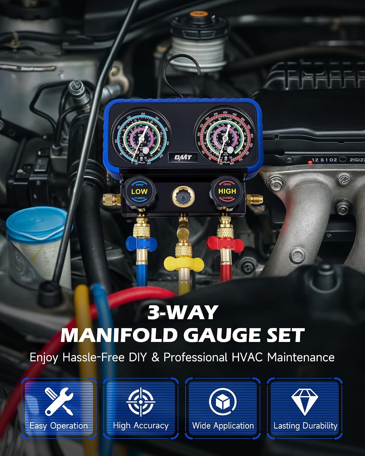 Detalle de Orion Motor Tech 3-Way AC Gauge Set with 5ft Hoses for R410A, R32, R22, and R454B