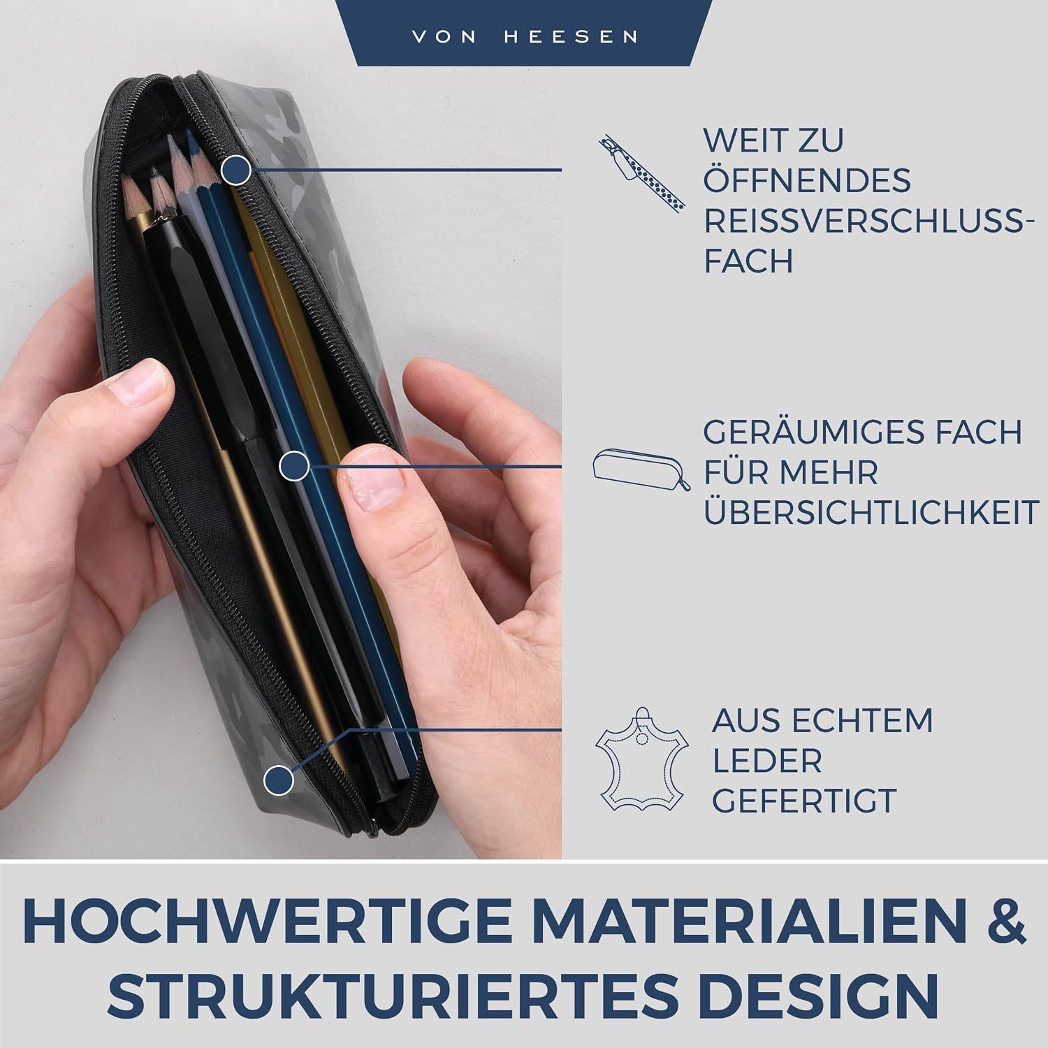 Detalle de VON HEESEN Echtleder Federmäppchen – Camouflage, 20 x 5,5 x 5,5 cm