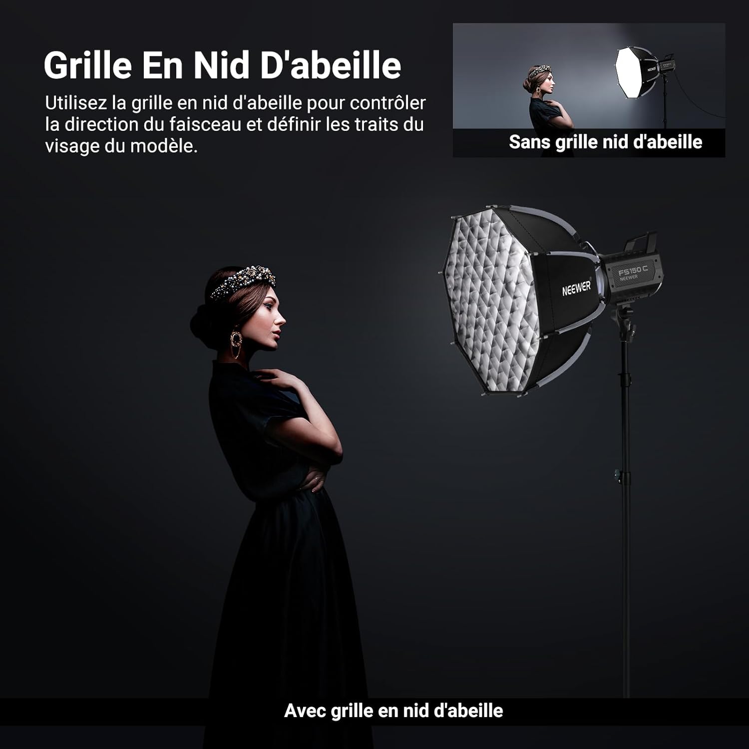 Detalle 2 de NEEWER Basics Boîte à lumière octogonale avec support Bowens (17,7 pouces) et kit de grille