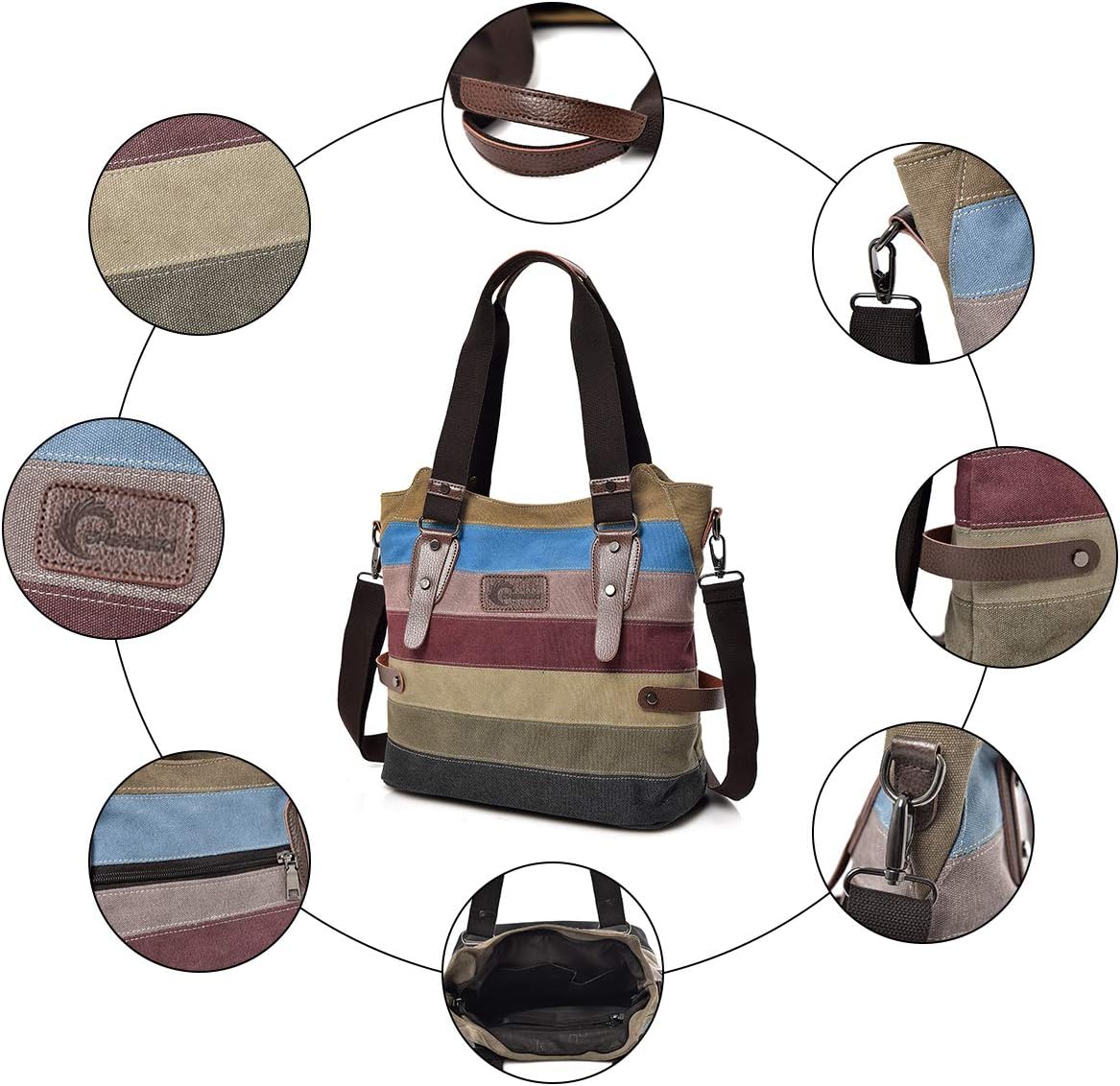 Thumbnail 5 de CHEREEKI Damen Handtasche aus Canvas mit Reißverschluss – bunte Streifen Umhängetasche mit großer Kapazität