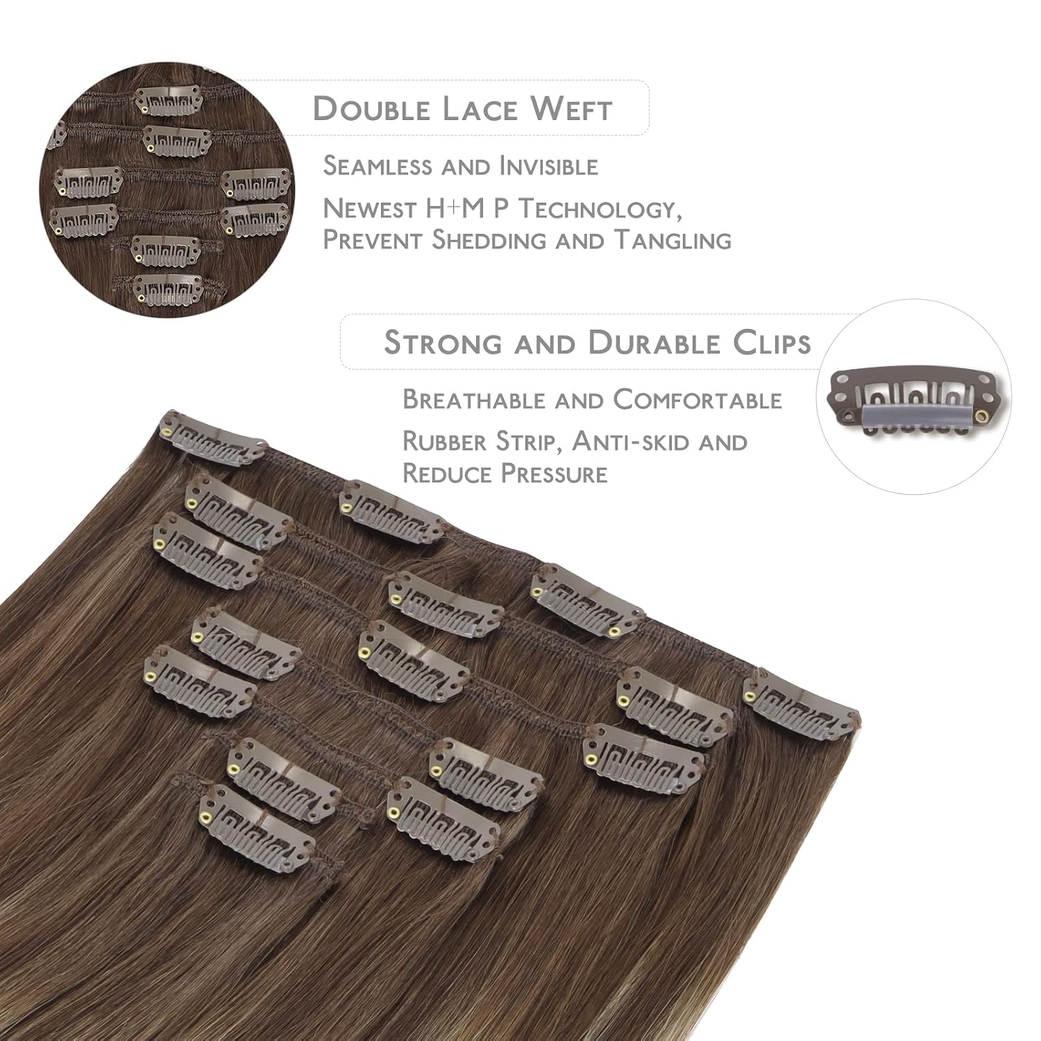 Detalle de WENNALIFE Clip in Hair Extensions 150g, 22 Inch, Balayage Chocolate Brown to Honey Blonde (9pcs) – Real Human Hair, Double Weft