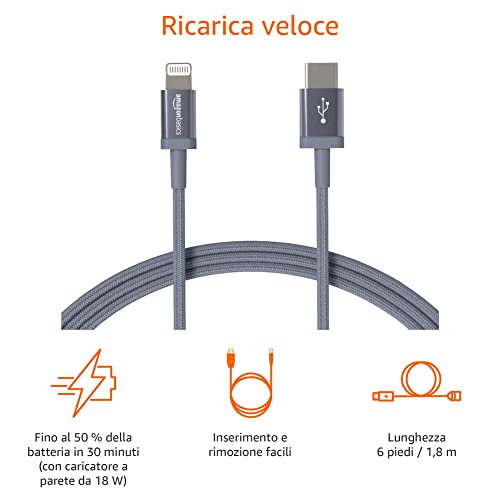 Detalle de Amazon Basics Cavo USB-C a Lightning con certificazione MFi, 1.8 m, nylon intrecciato, grigio scuro