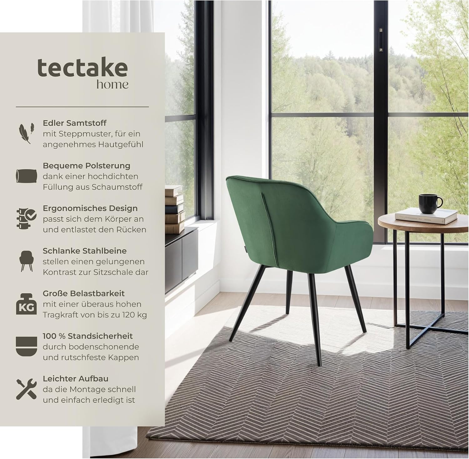 Detalle 2 de tectake 405740 matstolar i sammet, 2-pack, mörkgrön/svart