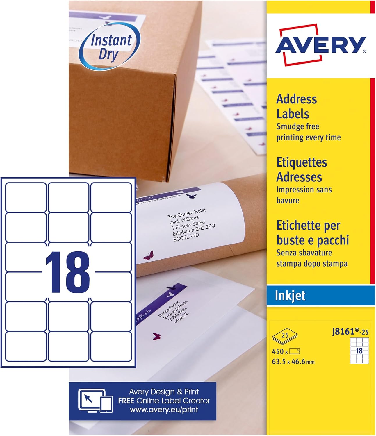 Detalle 2 de Avery J8161-25 Smudge Free Printable Address Labels (QuickDry) – White, 63.5 x 46.6 mm