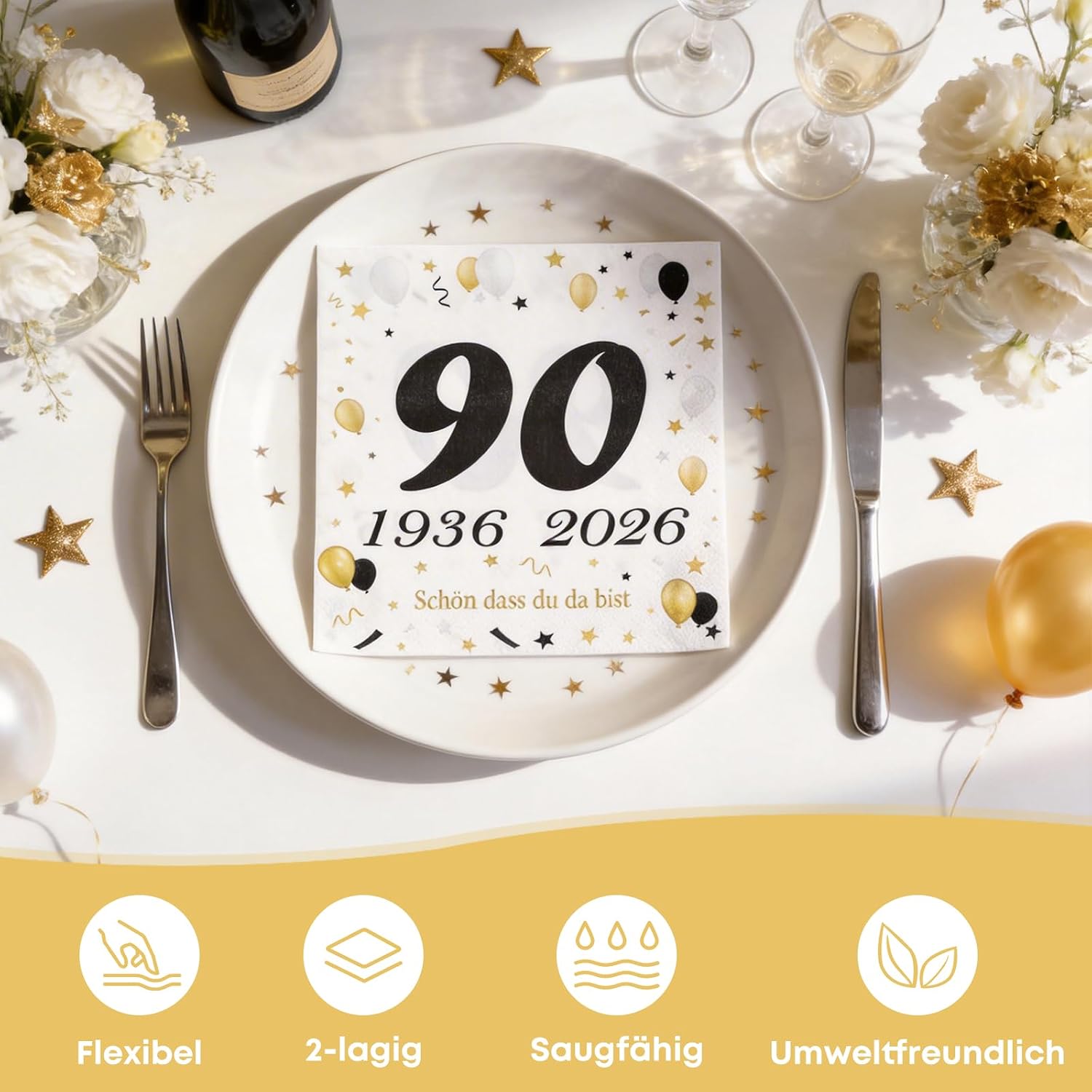 Detalle de Seutgjie 50 Servietten zum 90. Geburtstag – Schwarz-Gold mit „90“ & Geburtstags-Text (Papierservietten)