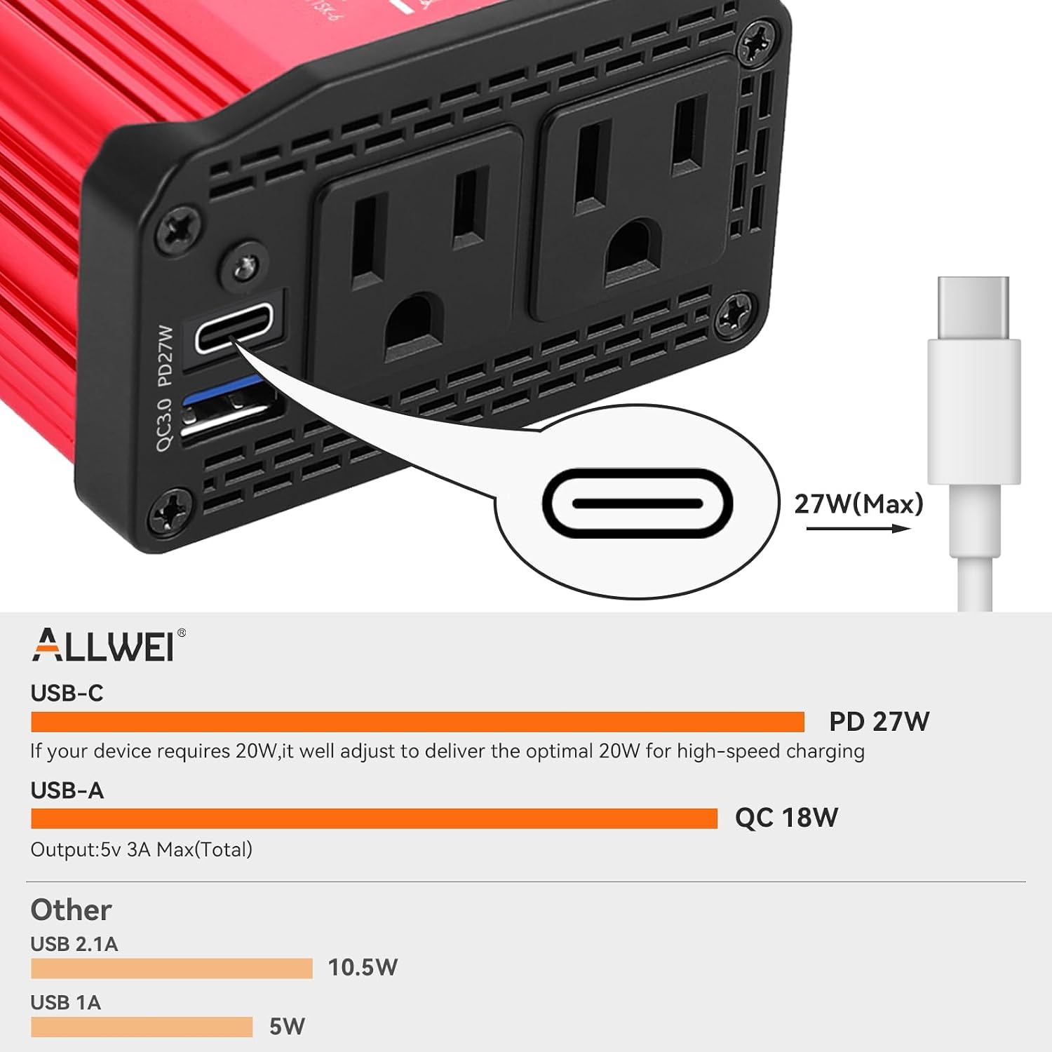 Detalle de ALLWEI 300W Car Power Inverter, 12V DC to 110V AC, Red