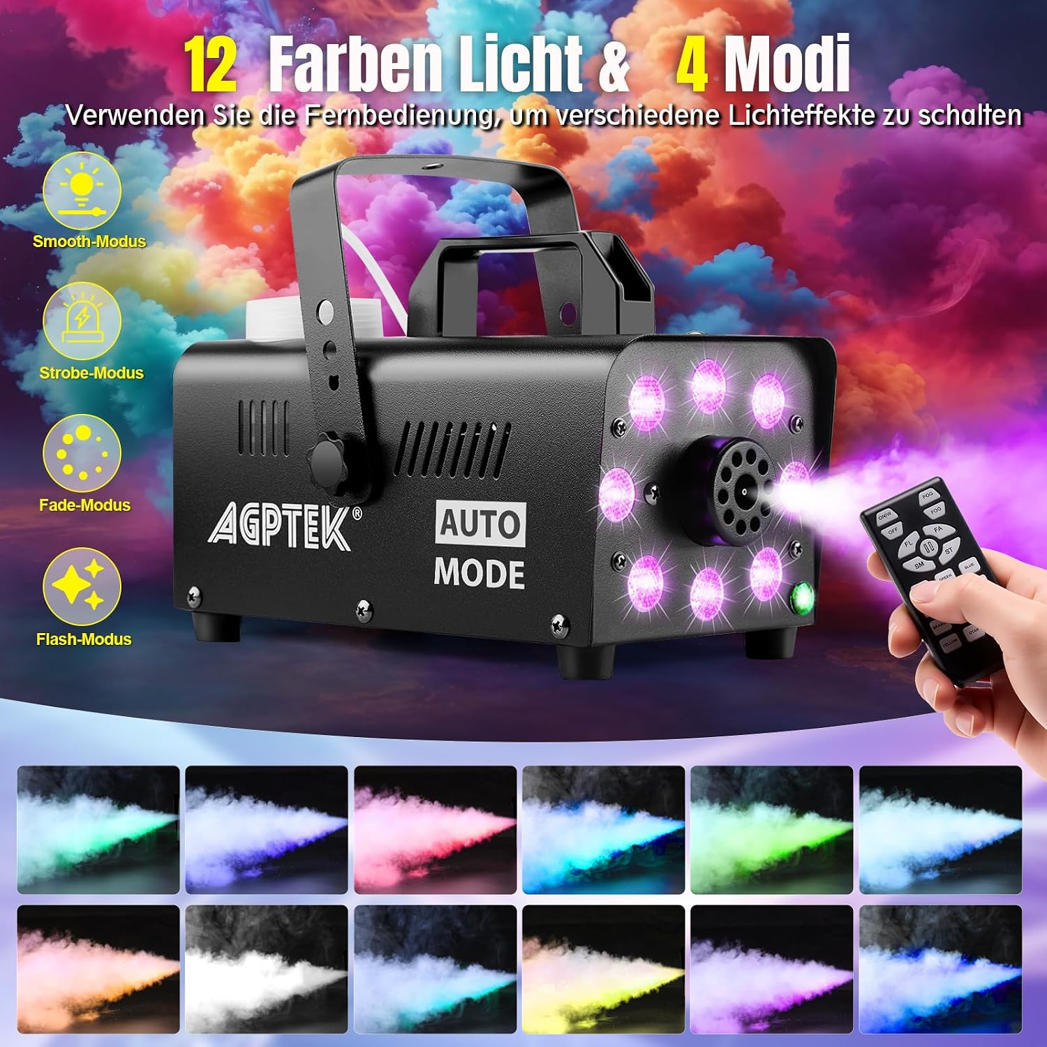 Detalle 2 de AGPtEK Nebelmaschine – Rauchmaschine mit Auto-Sprühen Modus, 500 W, 13 RGB-Farben