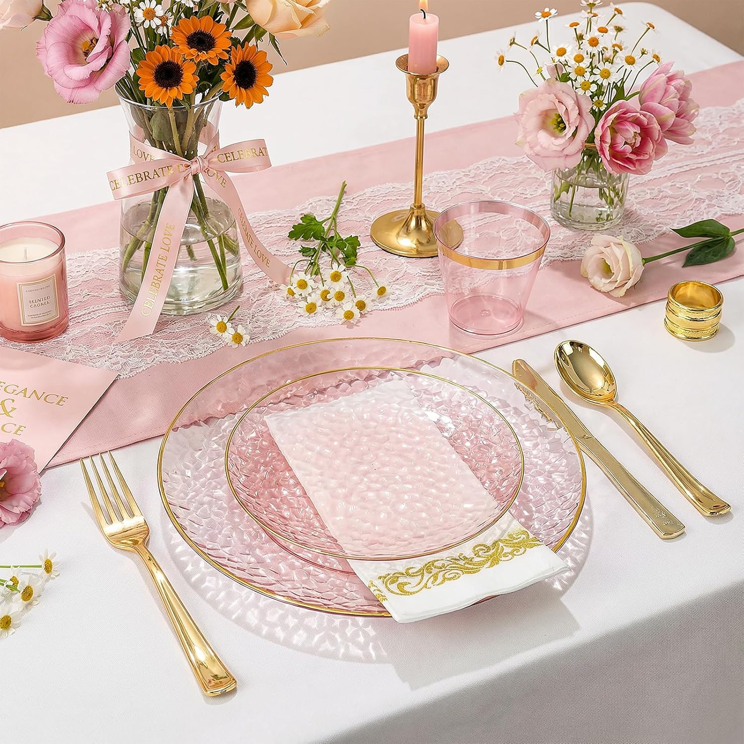 Thumbnail 3 de Rubtlamp 350 Pcs Clear Pink Plastic Plates with Pink Gold Rim Dinnerware Set (50 Guests)