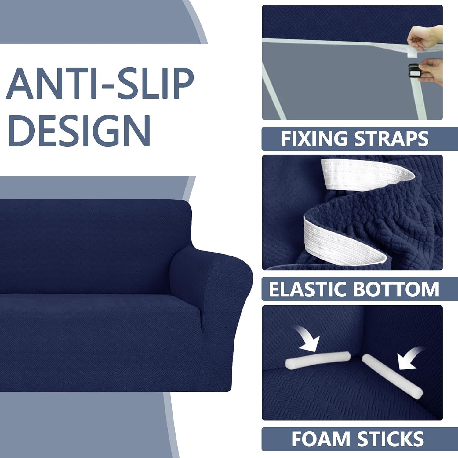 Thumbnail 4 de Housse Canapé Ystyle Extensible 3 Places – Protection antidérapante et design géométrique bleu foncé