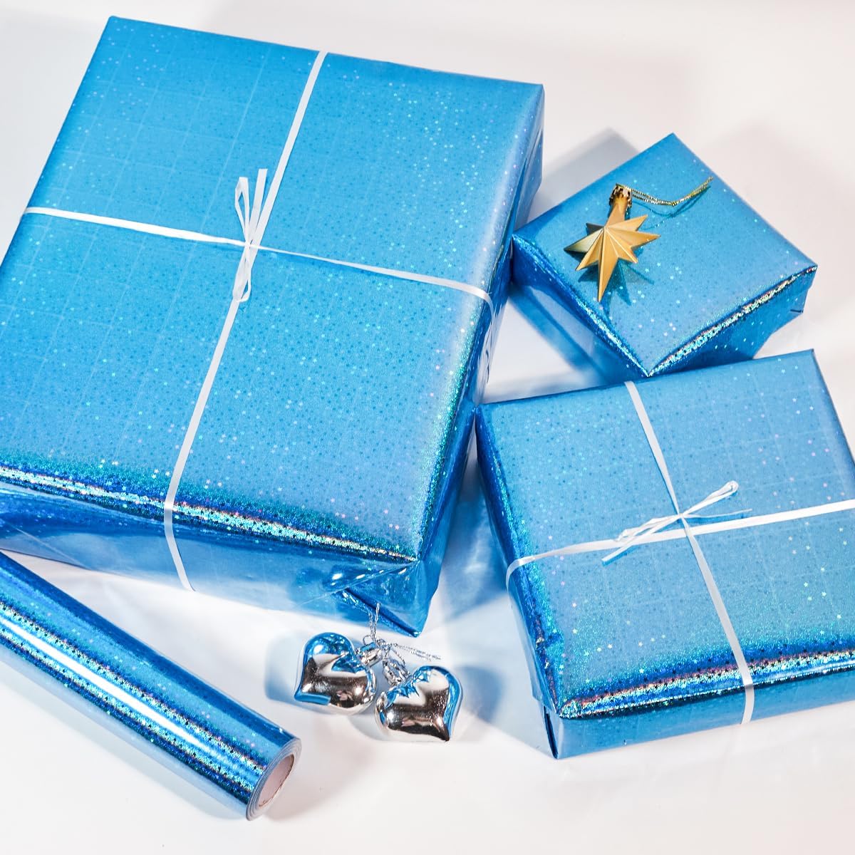 Thumbnail 2 de HJIJIAY Blue Holographic Wrapping Paper Roll (43cm x 10m) with Metallic Stars