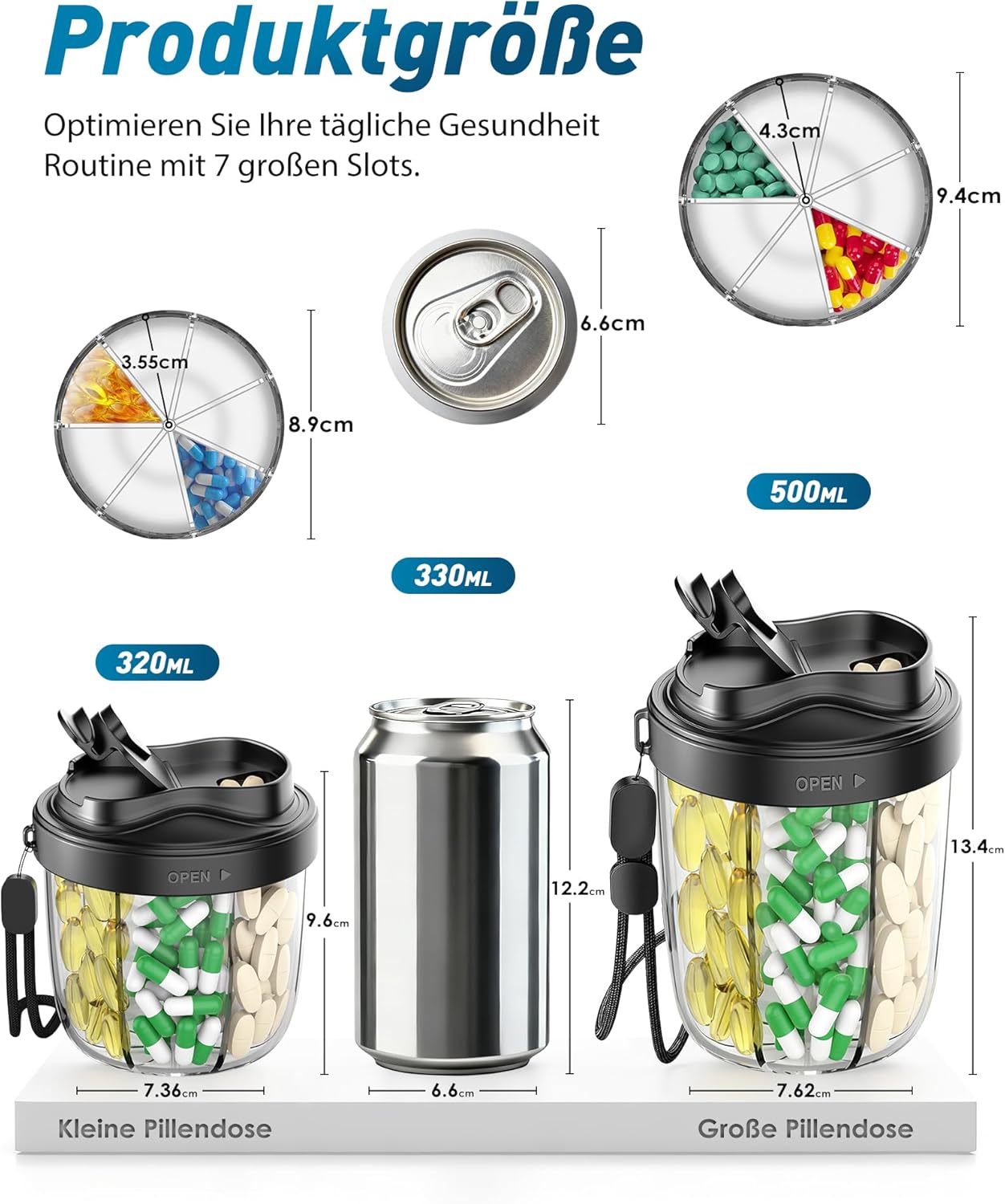 Detalle de NAVIKIA Tablettenbox für 7 Tage (morgens/mittags/abends) – rund mit 7 Fächern, BPA-frei, Anti-Verwechslungs-Design