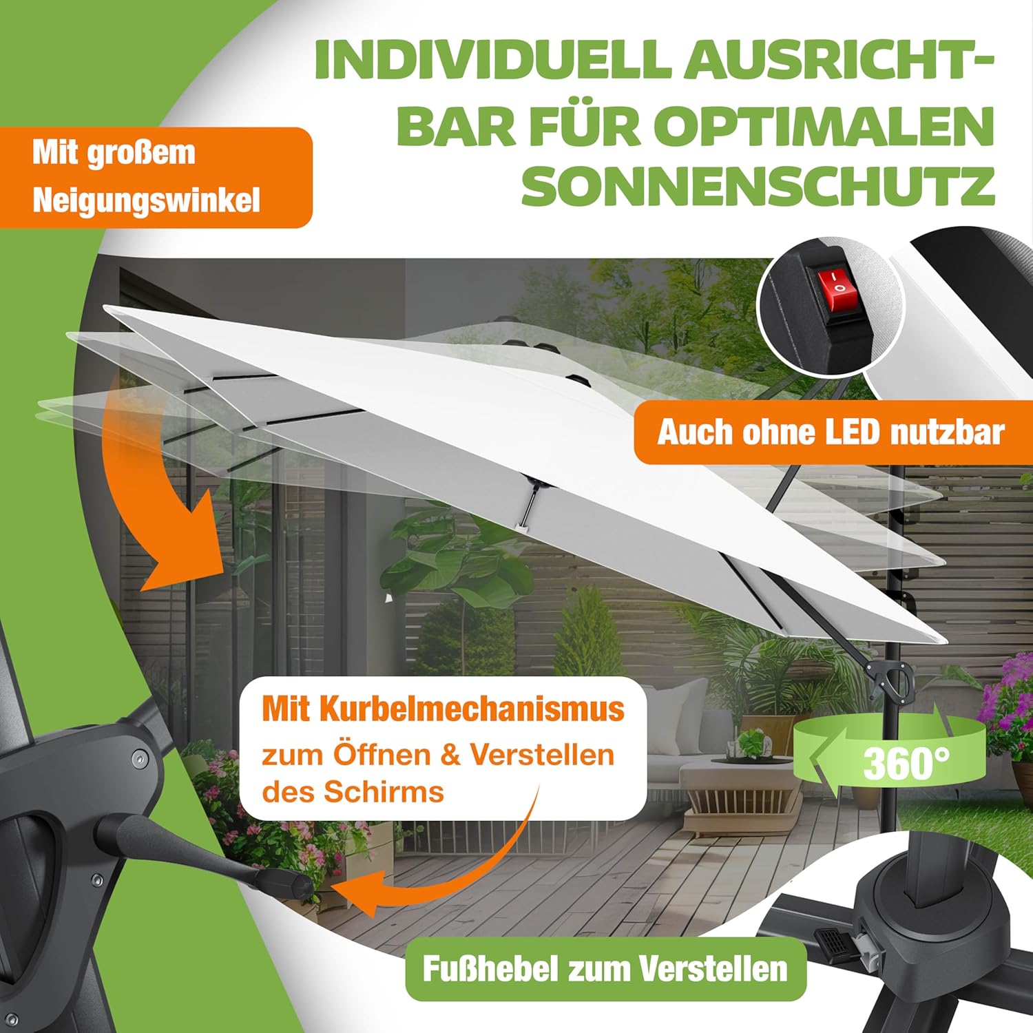 Thumbnail 4 de KESSER Sonnenschirm SUN XL Ampelschirm 300 x 300 cm – Drehs/Neigbar, inkl. Abdeckung, Windsicherung, UV50+, Weiß