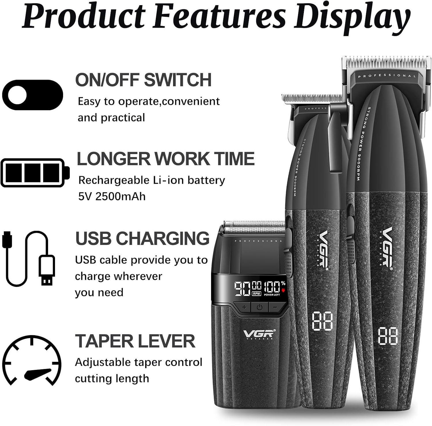 Thumbnail 1 de VGR 640S3 Professional 3-in-1 Hair Cutting Kit (9000RPM) with Trimmer & Foil Shaver, Cordless Men’s Barber Set — Black