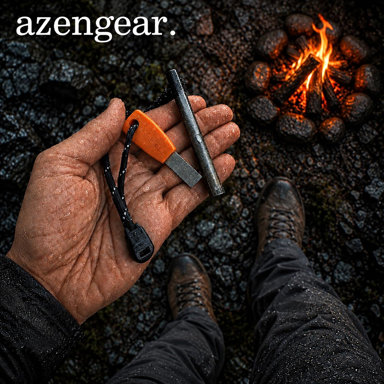 Detalle de aZengear eldstål 100 × 10 mm med HSS-skrapa och paracord