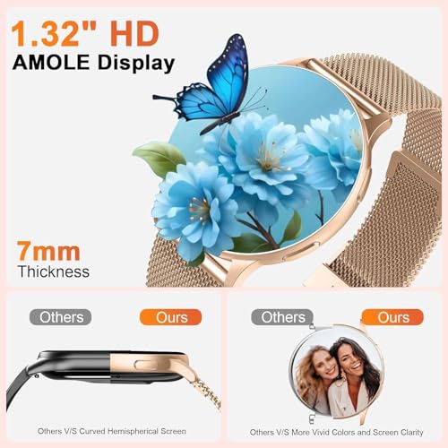 Detalle de Jugeman Montre Connectée Femme 1,33" – Montre Intelligente dorée, appels Bluetooth et suivi santé
