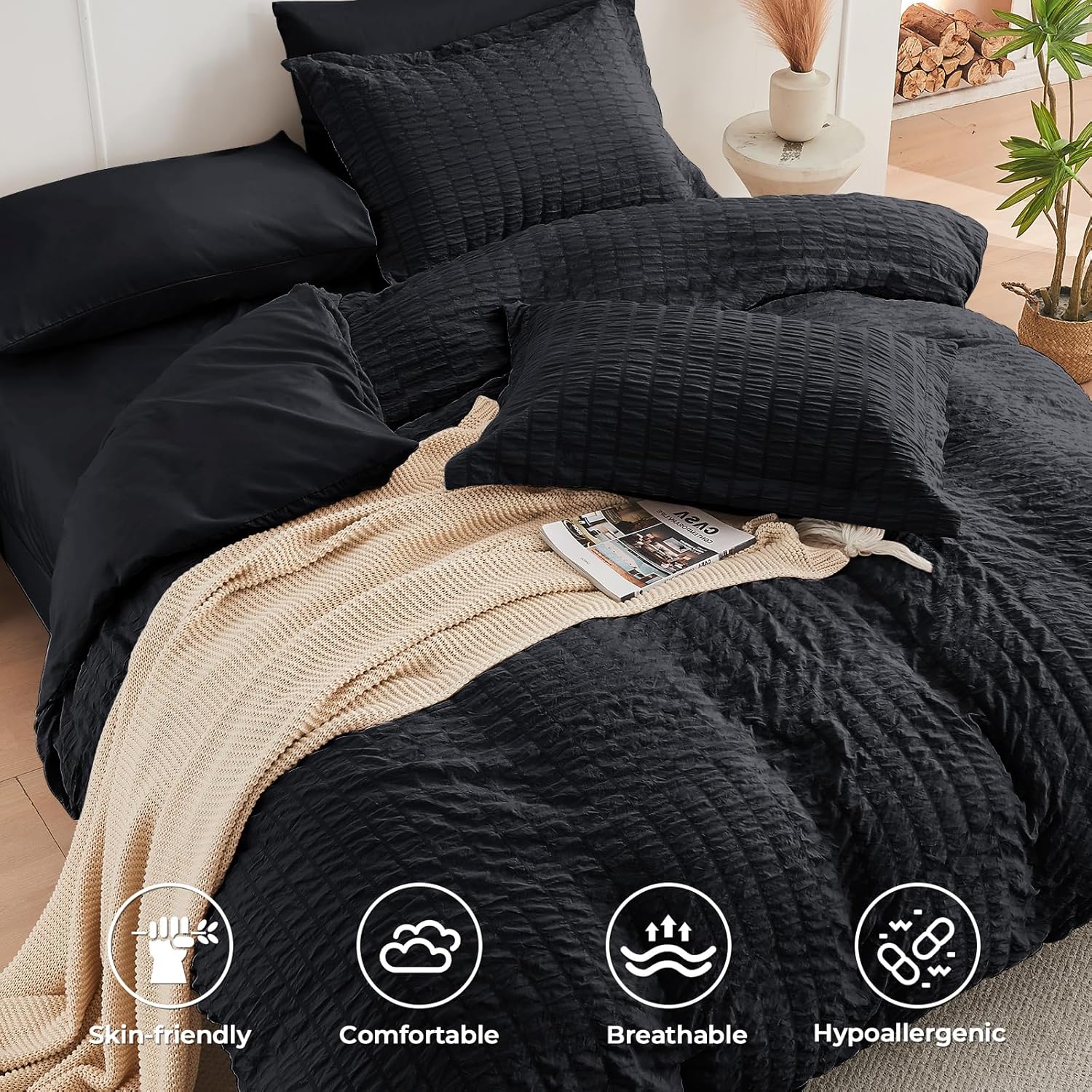 Detalle de HYMOKEGE Black Twin Seersucker Comforter Set with Microfiber Bedding