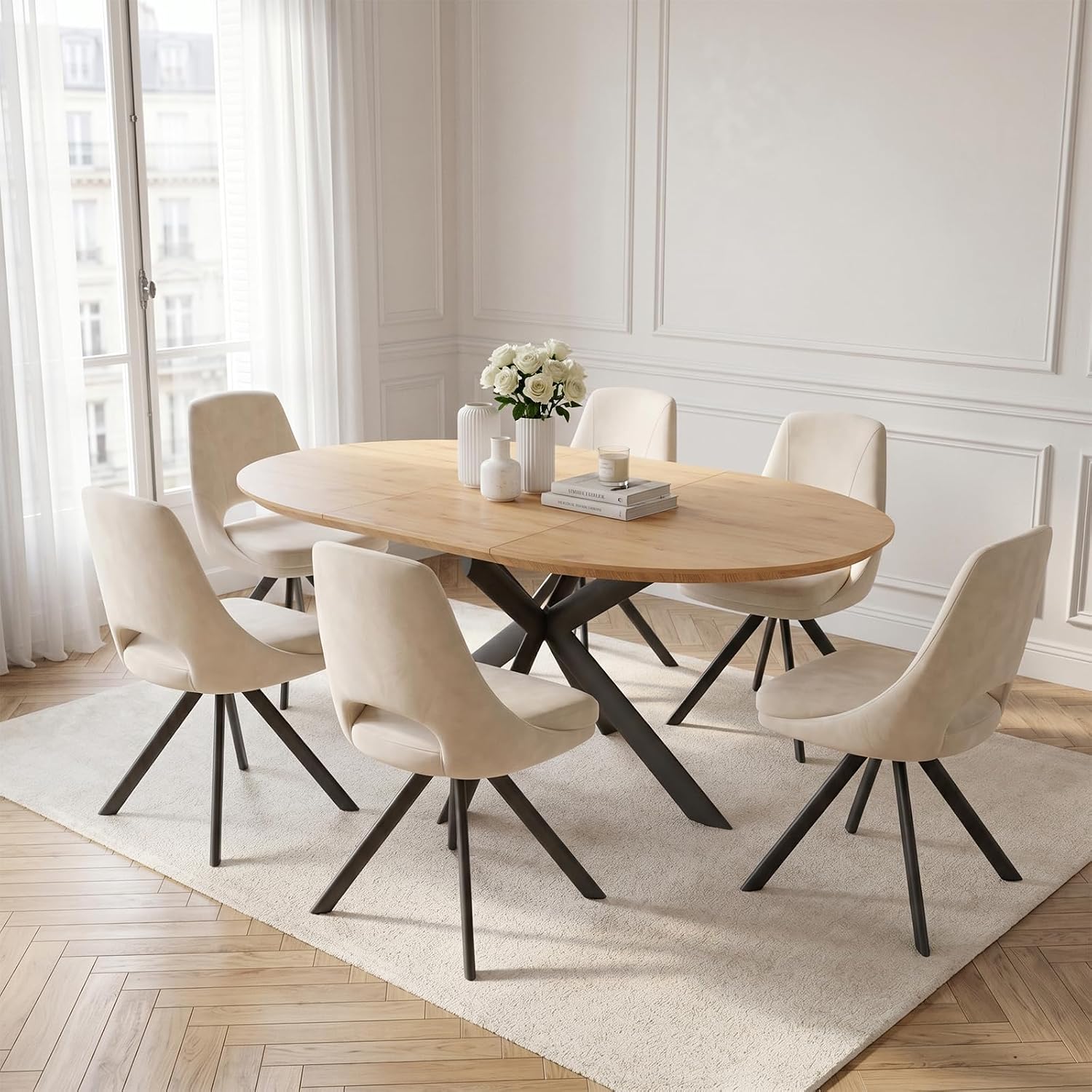 Detalle de JIEXI JD7792-beige uitschuifbare eettafelset met beige fluwelen stoelen