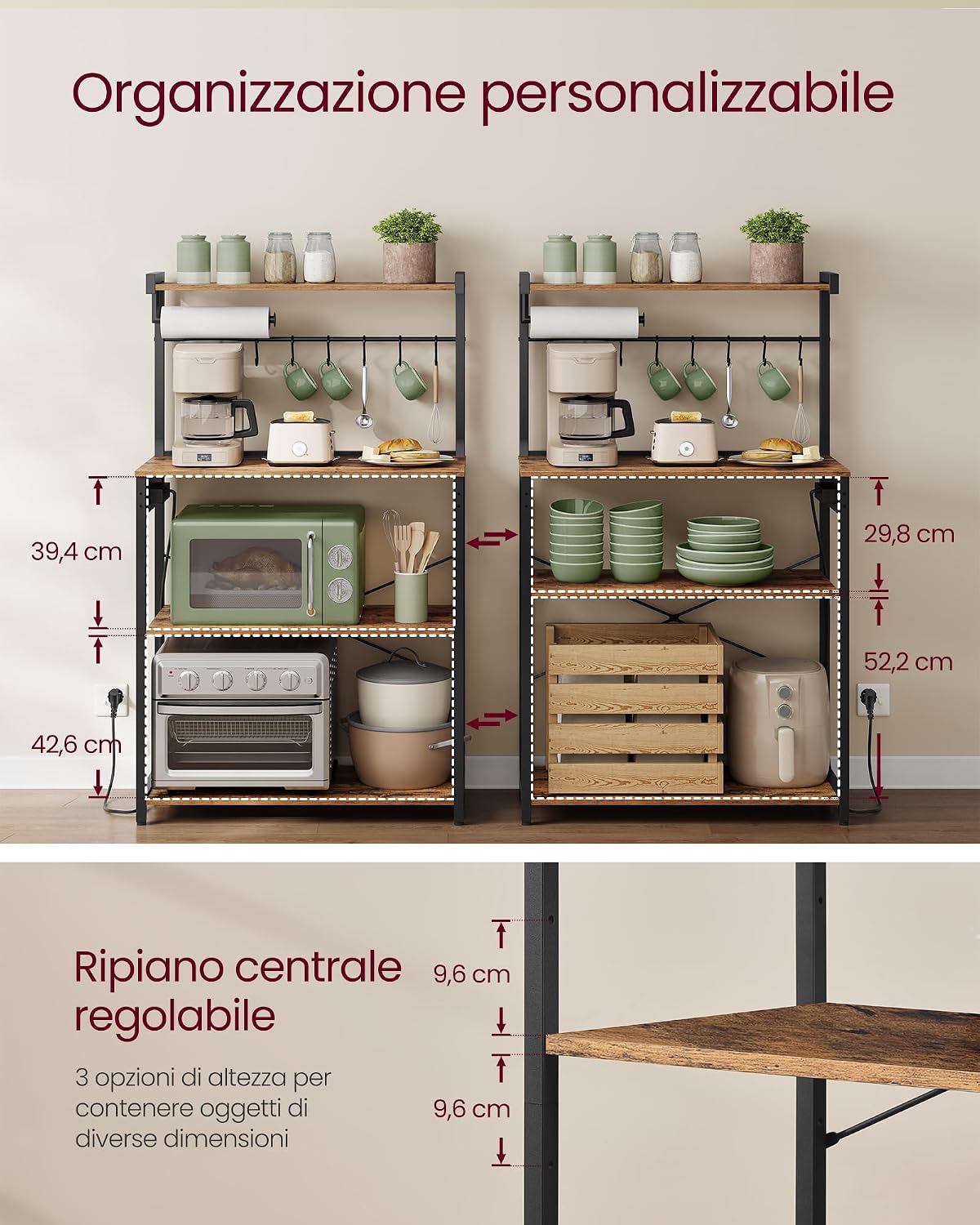 Detalle de VASAGLE Scaffale da Cucina con Multipresa, Bar Caffèa 4 Ripiani con 8 Ganci a S, Regolabile, 40 x 80 x 140 cm, Marrone Vintage e Nero Inchiostro (KKS029KD02)