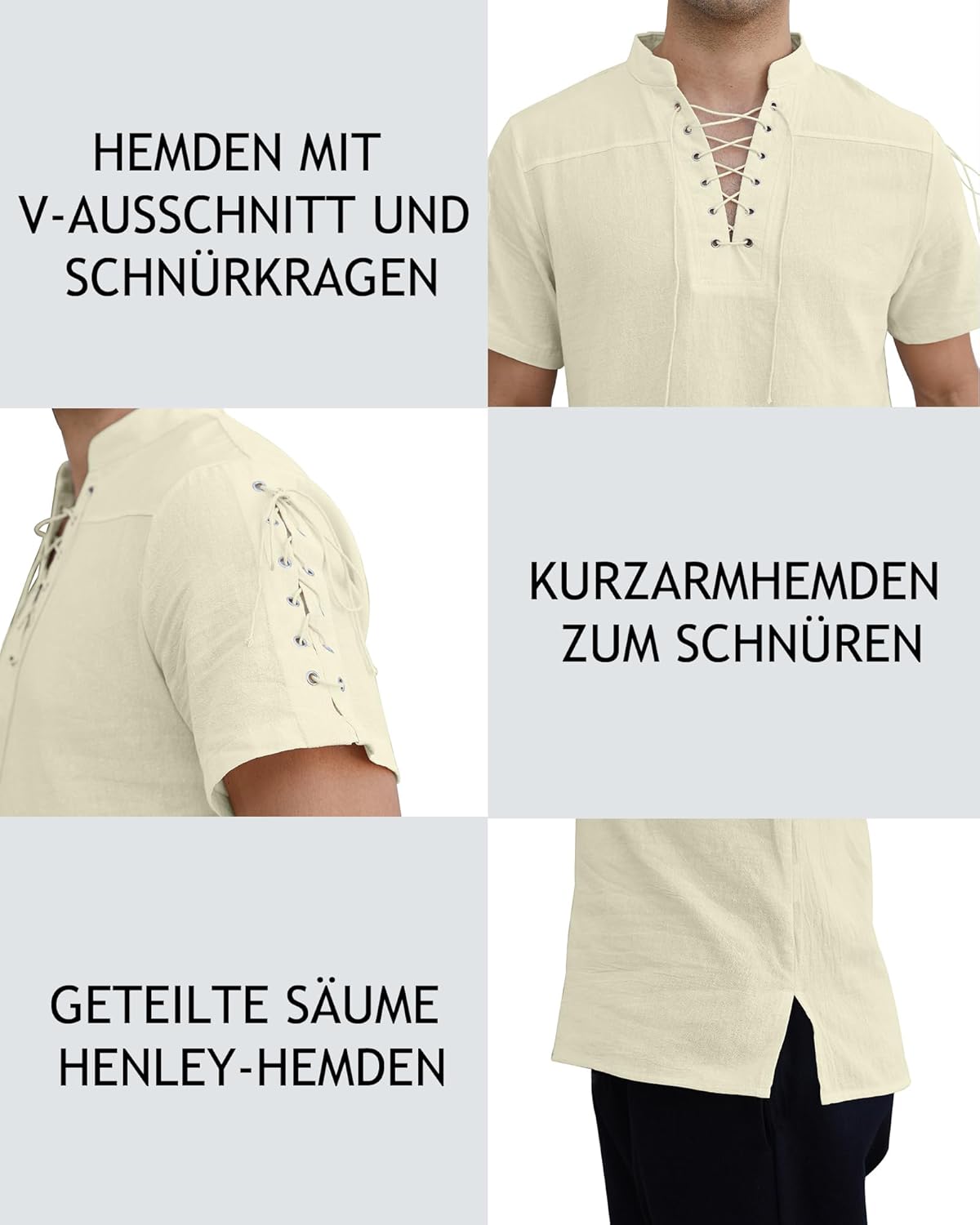 Thumbnail 5 de YAOBAOLE Mittelalter-Hemd Kurzarm aus Leinenmischung im Piraten-/Renaissance-Stil (Stehkragen mit Schnürung) für LARP