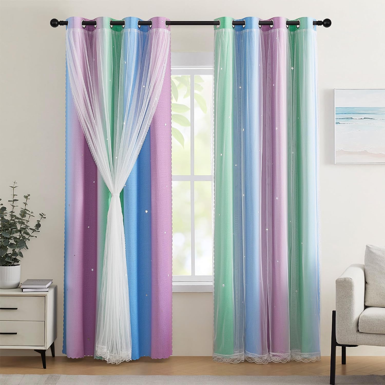 Detalle de XiDi Ombre Voile Curtains 132x183cm nursery curtains ๐ช