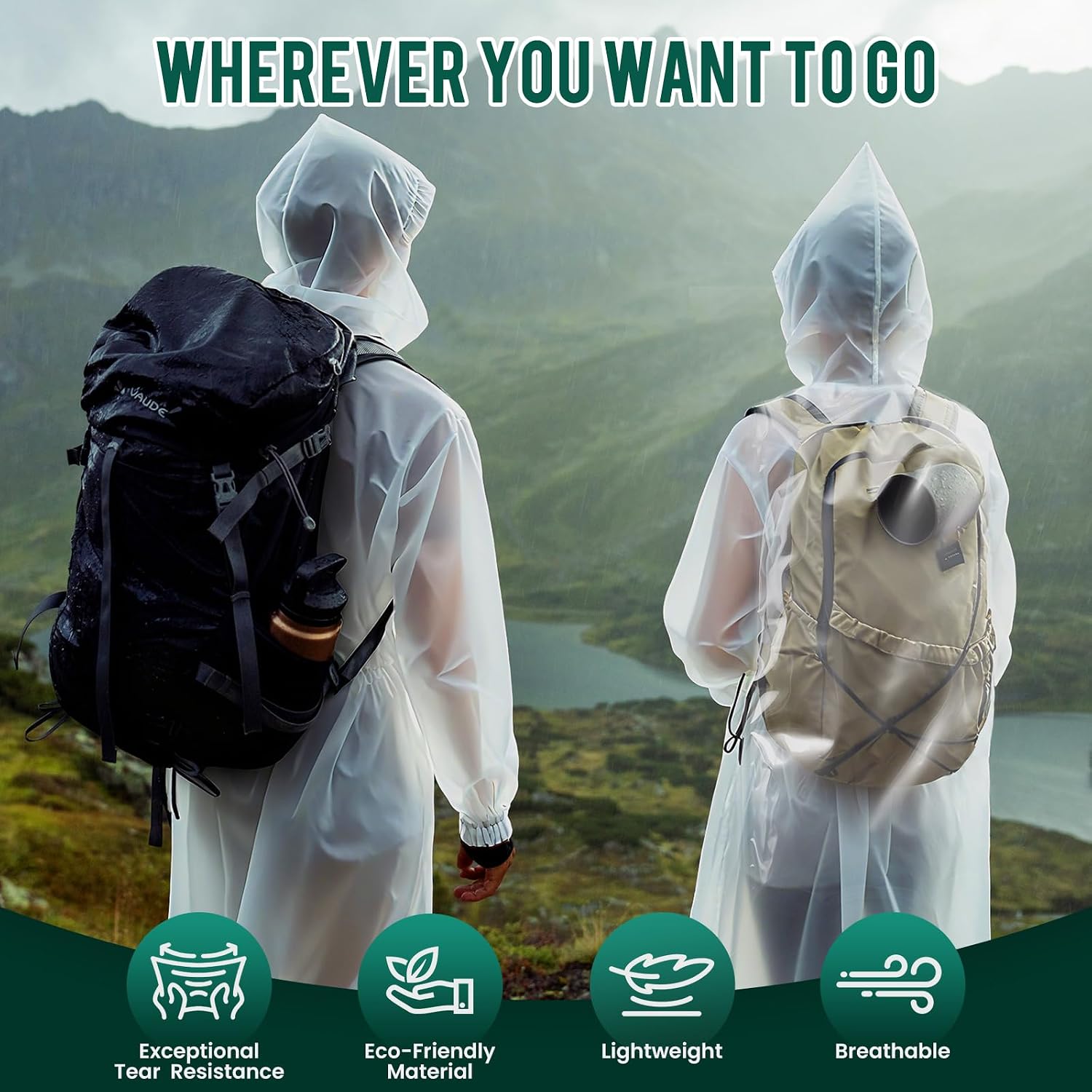 Detalle de Aolegoo Regenponcho 2er-Set – Wiederverwendbar, leicht und tragbar für Fahrrad, Wandern, Camping und Festivals