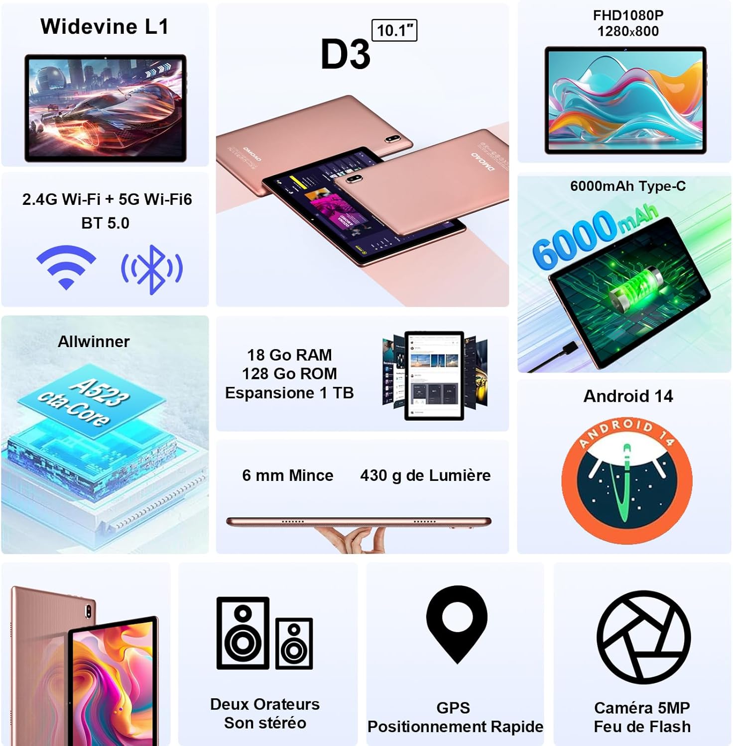 Thumbnail 1 de DMOAO Tablet 10 pollici Android con 18GB RAM + 128GB ROM (espandibile), 5G Wi‑Fi 6 e Widevine L1, custodia, oro rosa