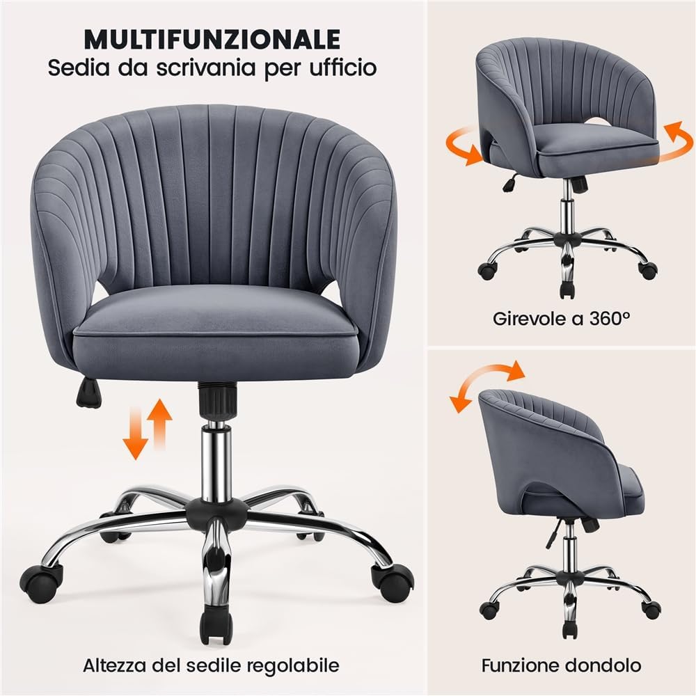 Thumbnail 3 de Yaheetech Poltrona Ufficio Ergonomica Velluto Grigio