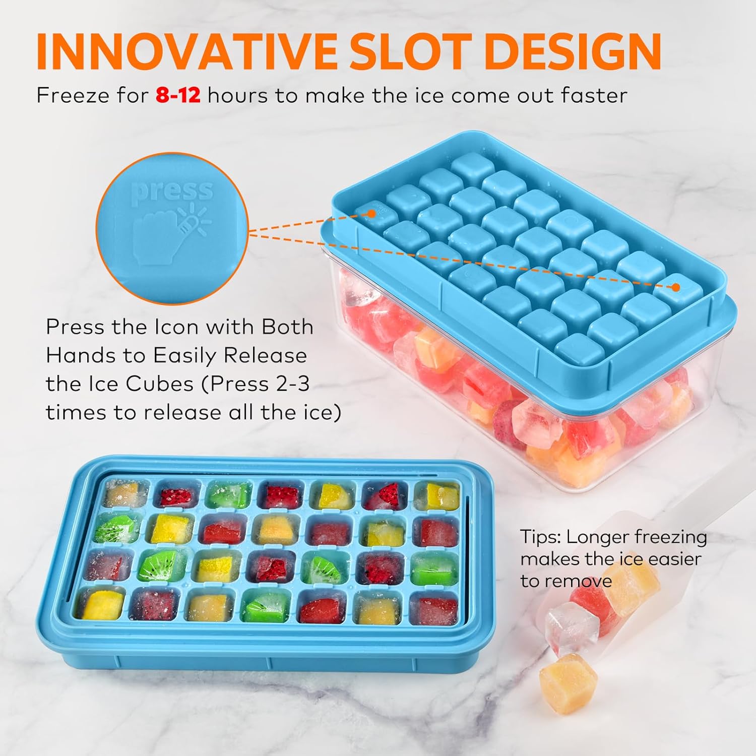 Thumbnail 3 de longzon Eiswürfelform mit Deckel & Behälter (56 Stück) inkl. Eisschaufel – auslaufsicher, stapelbar, blau