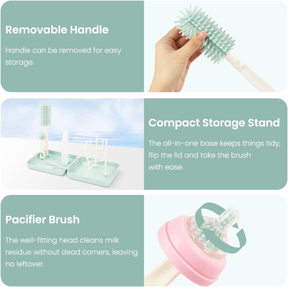 Detalle 2 de Vicloon 6 in 1 Spazzole per biberon: set da viaggio con spazzola in silicone, dispenser di sapone e stendibiancheria