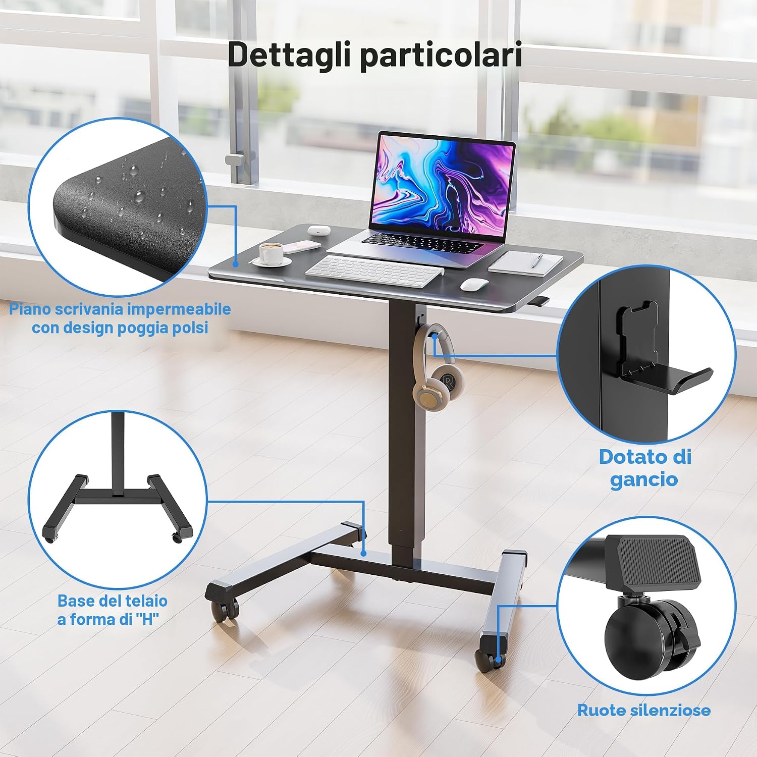 Thumbnail 4 de BONTEC Scrivania per Computer da Ufficio con Altezza Regolabile 72–112 cm, Tavolo Porta PC con Ruote e Vassoio Retrattile