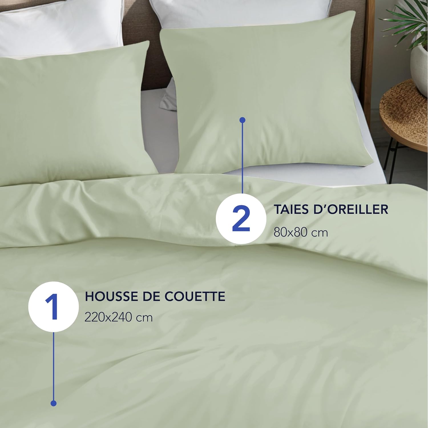 Thumbnail 1 de Dreamzie Parure de lit satin de coton 220x240 cm (vert) avec housse + 2 taies 80x80 cm