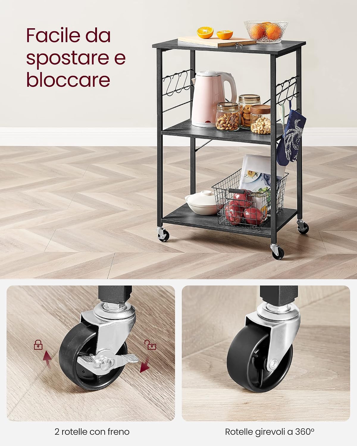 Thumbnail 6 de VASAGLE Carrello da cucina su ruote con 3 ripiani e 6 ganci KKS060B42, 40 x 60 x 89 cm (nero)