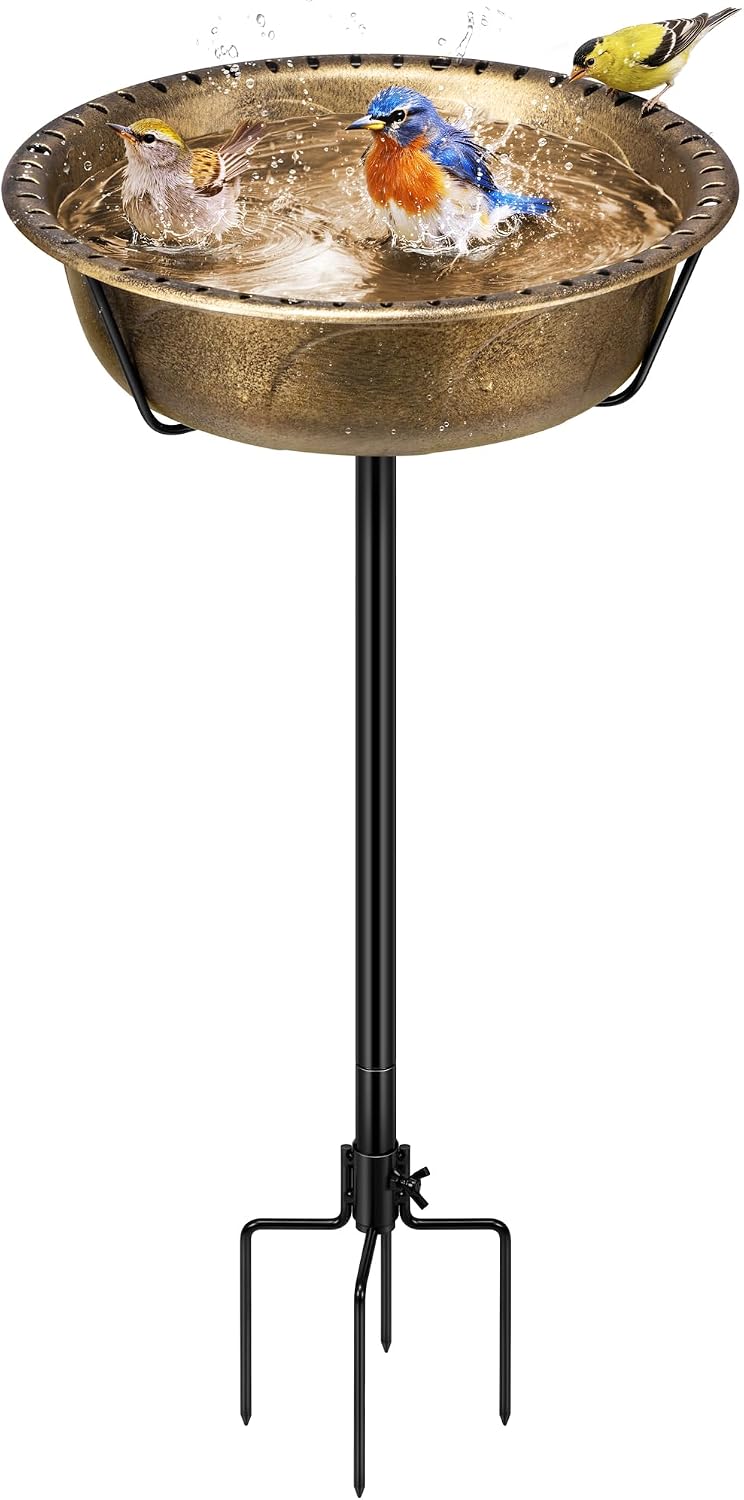 Detalle de VIVOHOME Vintage Metal Bird Bath – freestanding garden birdbath with removable bowl and upgraded 4-pronged base