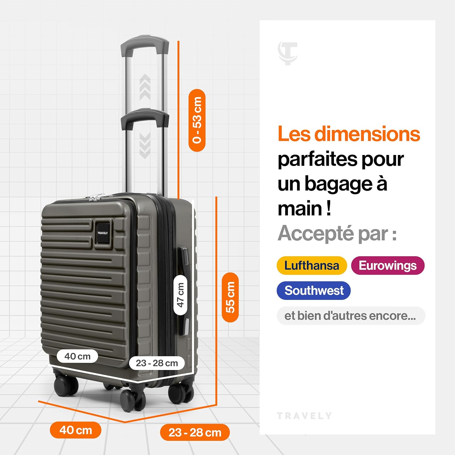 Detalle 2 de Travely Valise Cabine Expandable 55x40x23 cm – 36 L (ou 41–50 L) avec roulettes souples et serrure TSA