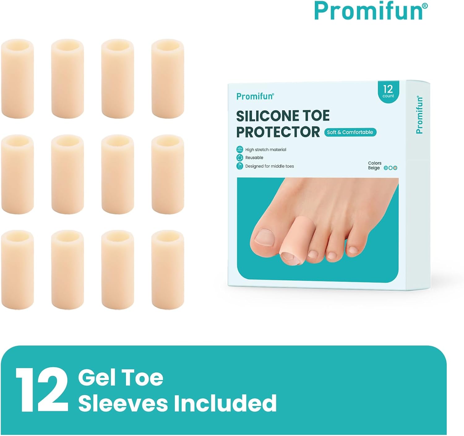 Detalle 2 de Promifun Silicone Toe Protectors (12-pack) – Soft Gel Toe Sleeves & Toe Separators for Hammer Toes, Corns and Blisters (Beige)