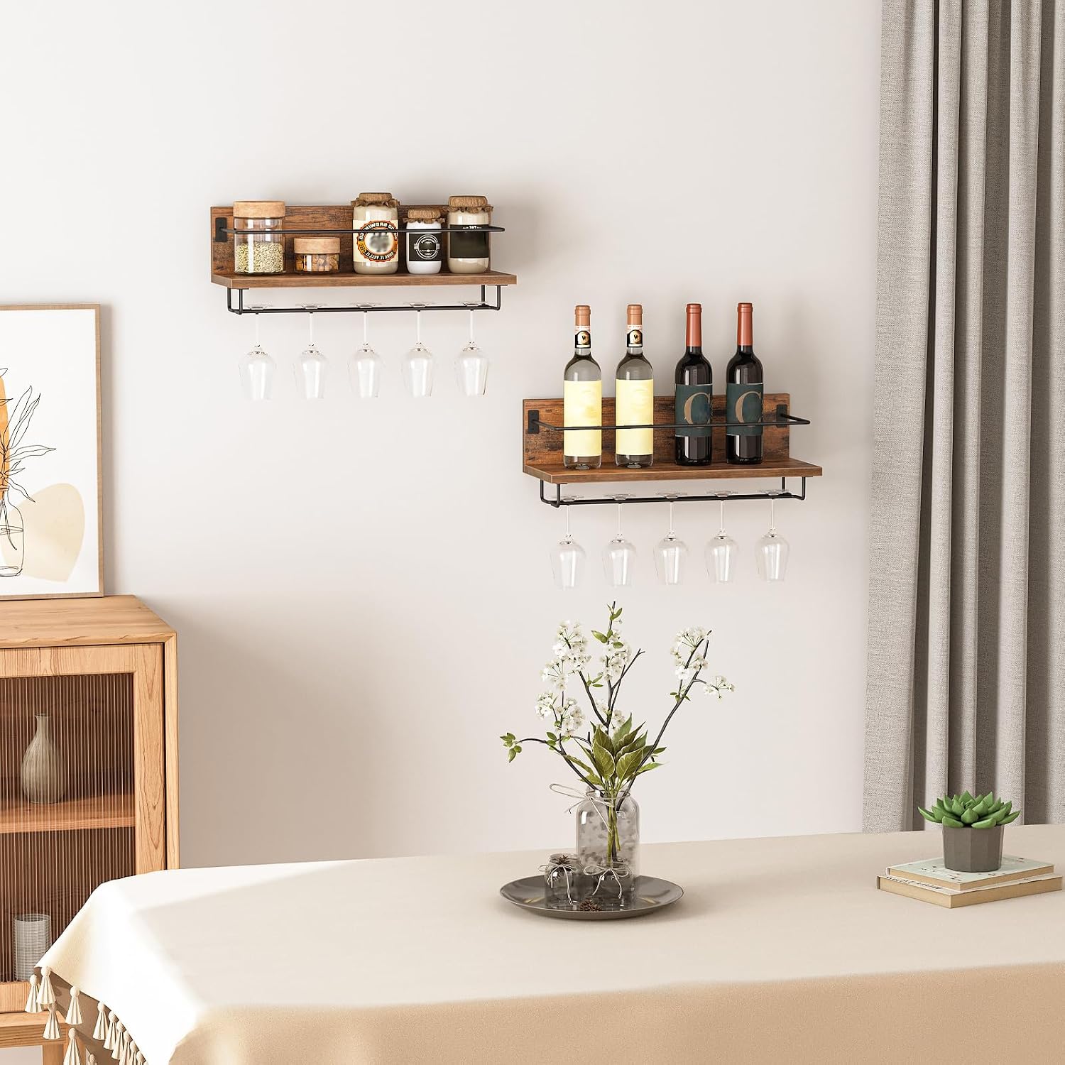 Detalle de HOOBRO Scaffale Porta Vino a Parete (Confezione da 2) – Vino e Calici in stile Vintage, 18 kg